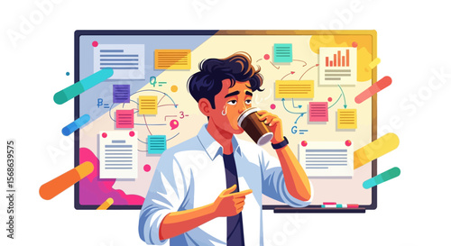 Focused Young Man Sipping Coffee Amidst a Busy Brainstorming Session.