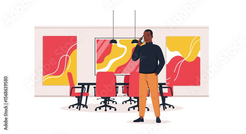 Businessman on Phone in Modern Office with Abstract Art and Conference Table.
