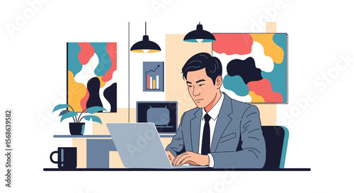 Focused Asian Businessman Working on Laptop in Modern Office.