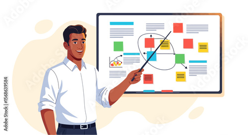 Smiling presenter with pointer explaining flowchart on whiteboard with colorful sticky notes.