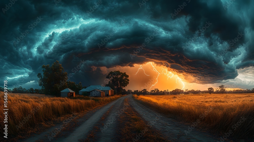 A dramatic weather theme unfolds with a powerful storm dominating golden fields. Lightning illuminates a rural landscape, enhancing its rustic buildings and winding dirt road. A dramatic weather theme unfolds with a powerful storm dominating golden fields. Lightning illuminates a rural landscape, enhancing its rustic buildings and winding dirt road.