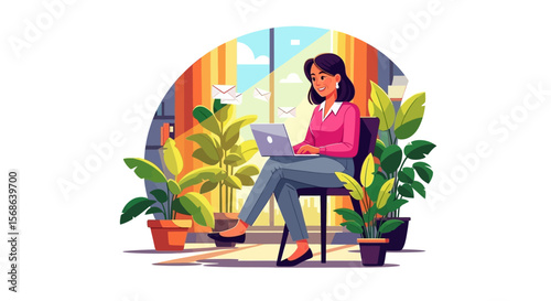 Woman Working on Laptop Surrounded by Plants and Sunlight Smiling.