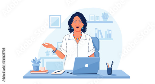 Animated Woman with Colorful Necklace Presenting at Desk with Laptop.