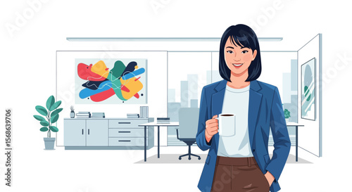 Smiling Businesswoman in Modern Office Holding Coffee.