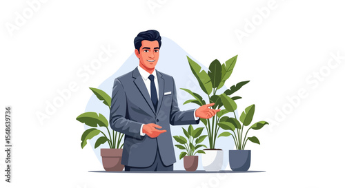 Smiling Businessman Presenting Potted Plants with a Confident Gesture.