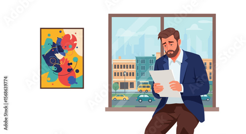 Pensive Man Reviews Documents Near Abstract Art.