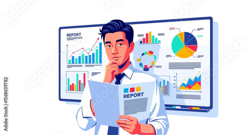 Thoughtful Businessman Analyzing Financial Reports with Charts and Graphs Displayed.