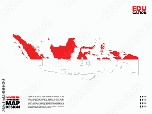 Isometric map design of Indonesia with national flag overlay