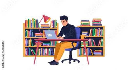 Focused Man Working on Laptop Amidst Colorful Bookshelves.