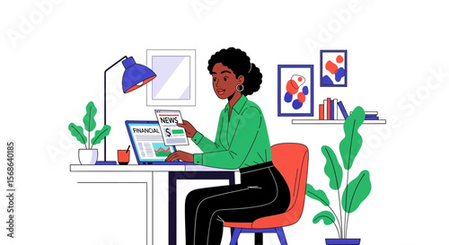Focused Woman Reading Financial News at Home Office.