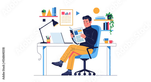 Relaxed Businessman Reading Newspaper in Modern Office Setting.