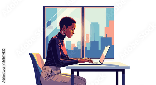 Focused African American Woman Working on Laptop with Cityscape Backdrop.