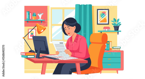 Concerned Woman Reviews Documents at Desk in Home Office Setting.