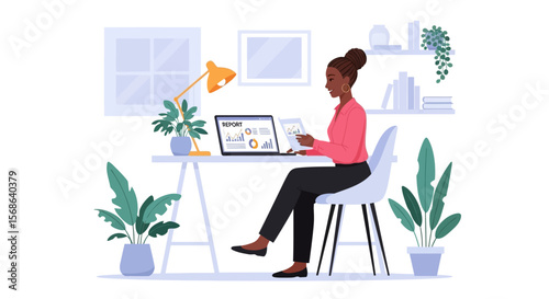 Focused Businesswoman Reviewing Financial Report at Home Office Desk.