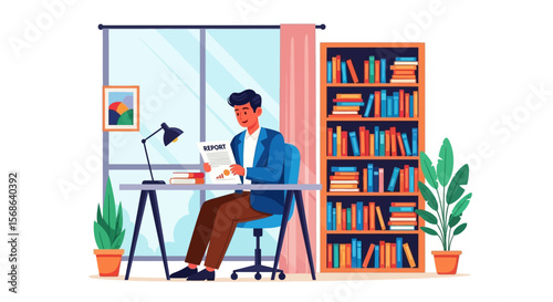 Focused Businessman Reviewing a Report in a Home Office.