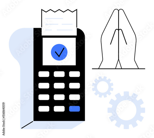 Payment terminal with printed receipt, checkmark, and prayer hands alongside gears representing innovation, gratitude, charity, technology integration, business growth, teamwork and simplicity. A