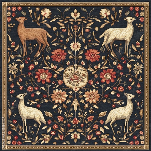 Flat seamless tapestry design medieval pictorial motifs flora and fauna muted woven texture top down view