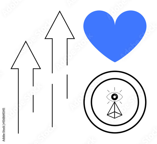Three ascending arrows, a blue heart symbolizing progress and care, and an enigmatic eye icon in a circle representing insight. Ideal for growth, love, vision, progress, success, spirituality