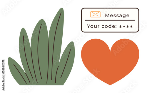 Green foliage beside a message with secure code and orange heart. Ideal for security, love, nature, online messages, privacy, support, eco-friendly concepts. Clean and simple flat metaphor