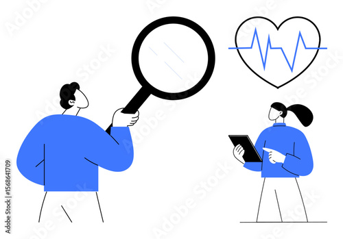 Two people collaborate in reviewing heart health data using a magnifying glass and a tablet, with a heart and ECG line. Ideal for medical analysis, teamwork, diagnostics, health monitoring