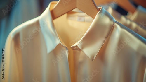 Elegant Beige Silk Shirt on Wooden Hanger