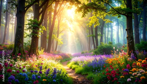 Enchanting Forest Path Sunlight Streaming Through Trees with Blooming Flowers.