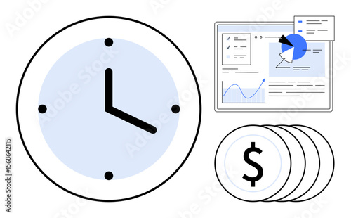 Clock and stacked dollar coins accompany data charts with graphs and analytics on digital interfaces. Ideal for finance, productivity, time investment, business strategy, budgeting, analysis, simple