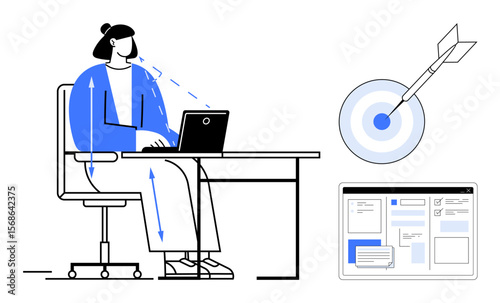 Person working at a laptop emphasizing focus and productivity, target bullseye for goal-setting, and website layout mockup for design strategy. Ideal for productivity, focus, goal achievement