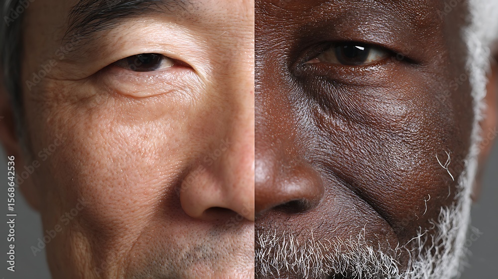 Obraz premium Before-after comparison image of an elderly man using cosmetic products. His skin looks slightly better in After. Emphasize realism.