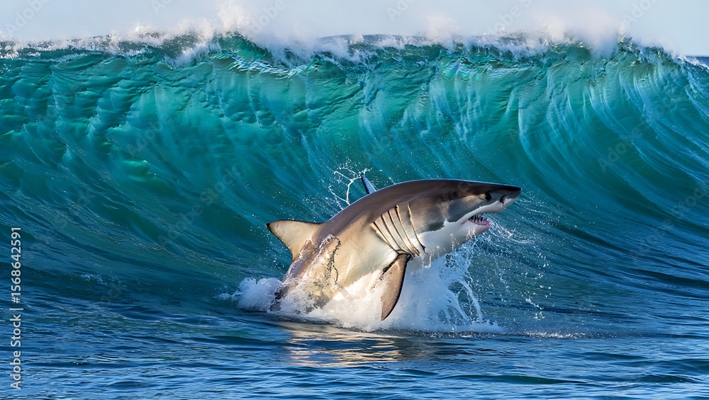 Obraz premium Majestic Great White Shark Leaping from Ocean Wave A Breathtaking Wildlife Encounter