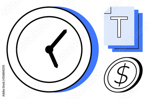 Clock with bold black hands, dollar coin, and layered text documents. Ideal for time management, productivity, finance, business, planning, efficiency and simple landing page