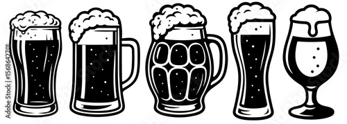 A row of five different types of beer glasses