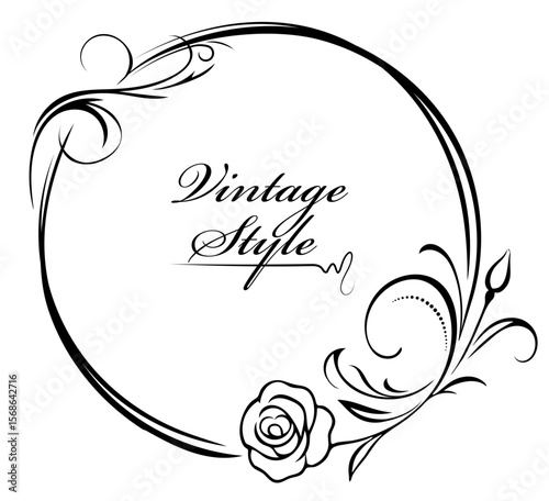 A black and white vintage style circle with a rose and a leaf