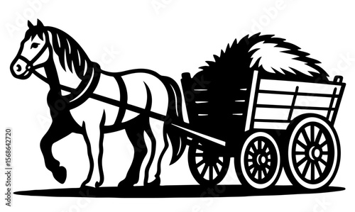 A horse is pulling a wagon full of hay
