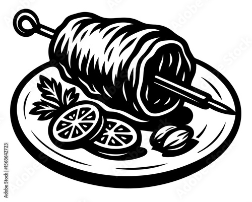 A plate of food with a skewer and a piece of lamb meat on it.