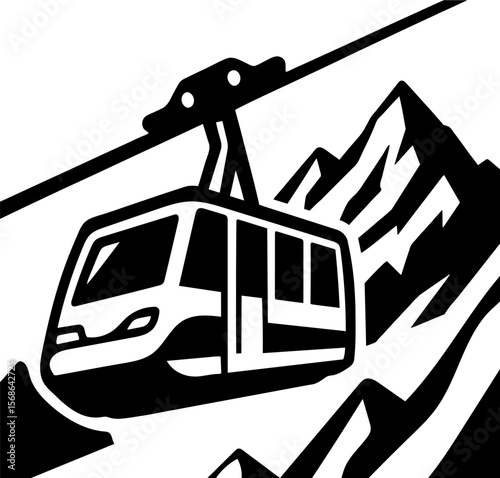 A black and white image of a ski lift with a train on it