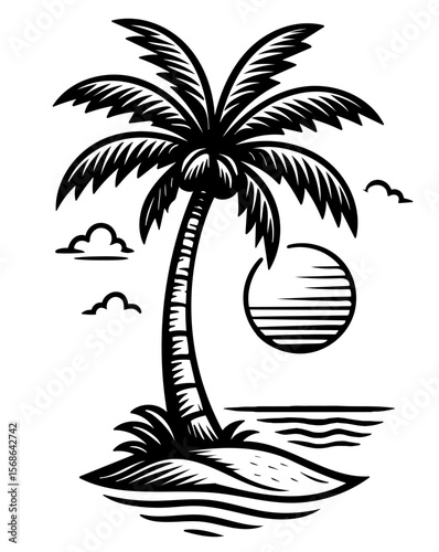 A palm tree is standing on a beach with a sunset in the background