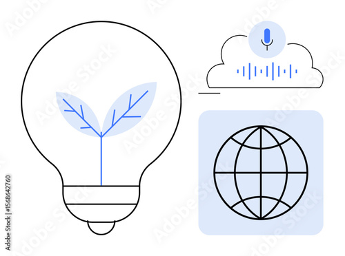 Light bulb with plant symbolizing eco-innovation, microphone with soundwave in cloud for digital voice tech, and globe for global connectivity. Ideal for sustainability, technology, innovation