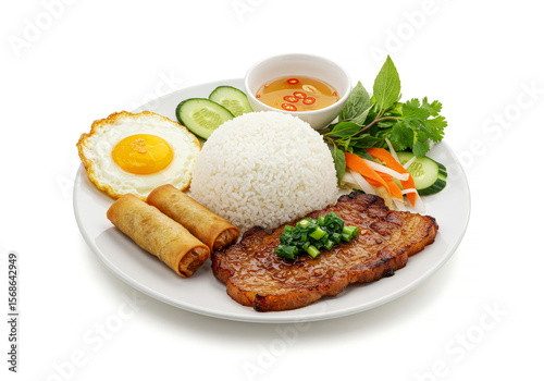 A delicious Vietnamese rice plate, featuring rice, grilled meat, fried egg, spring roll, fresh herbs, and various side dishe isolated on white