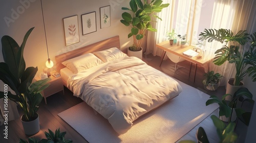 Serene Bedroom Sanctuary: Sunlight Streaming Through Window, Plants, Minimalist Design