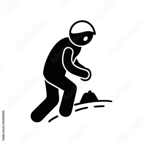 Stick figure examining an object or plant growing out of the ground