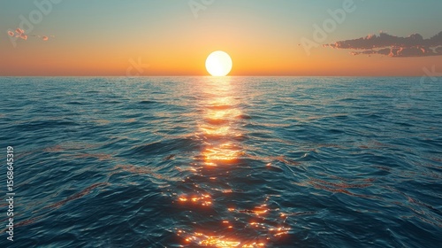 Open ocean view. Sunset reflects golden light off water. Orange sky, few clouds