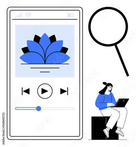 Smartphone screen displays a meditation app interface with controls and lotus graphic. Magnifying glass element and seated woman using a laptop. Ideal for meditation, technology, mindfulness