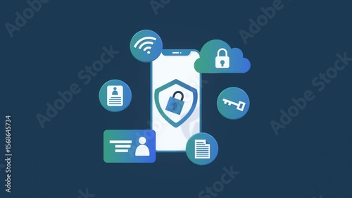 Animated concept of data security featuring a smartphone and various digital protection icons. Ideal for themes like cyber safety, personal data privacy, and password protection in the digital world.