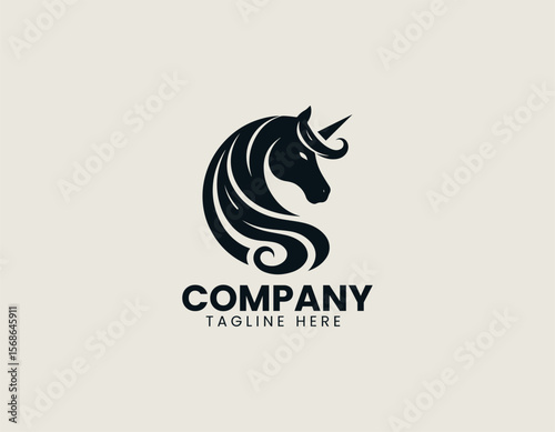 Elegant Unicorn Head Silhouette Mythical Magical Creature Vector Logo Design