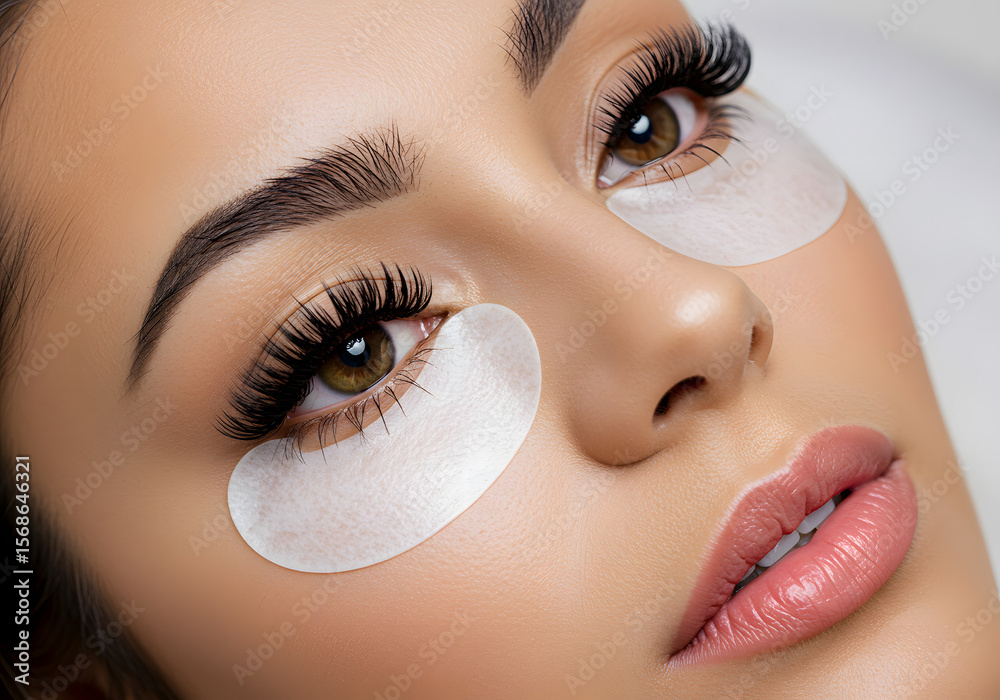 Fototapeta premium Eyelash Extensions and Under Eye Patches Close-up of a Woman's Eyes, Beautiful Lashes, Skincare, Beauty Treatment.