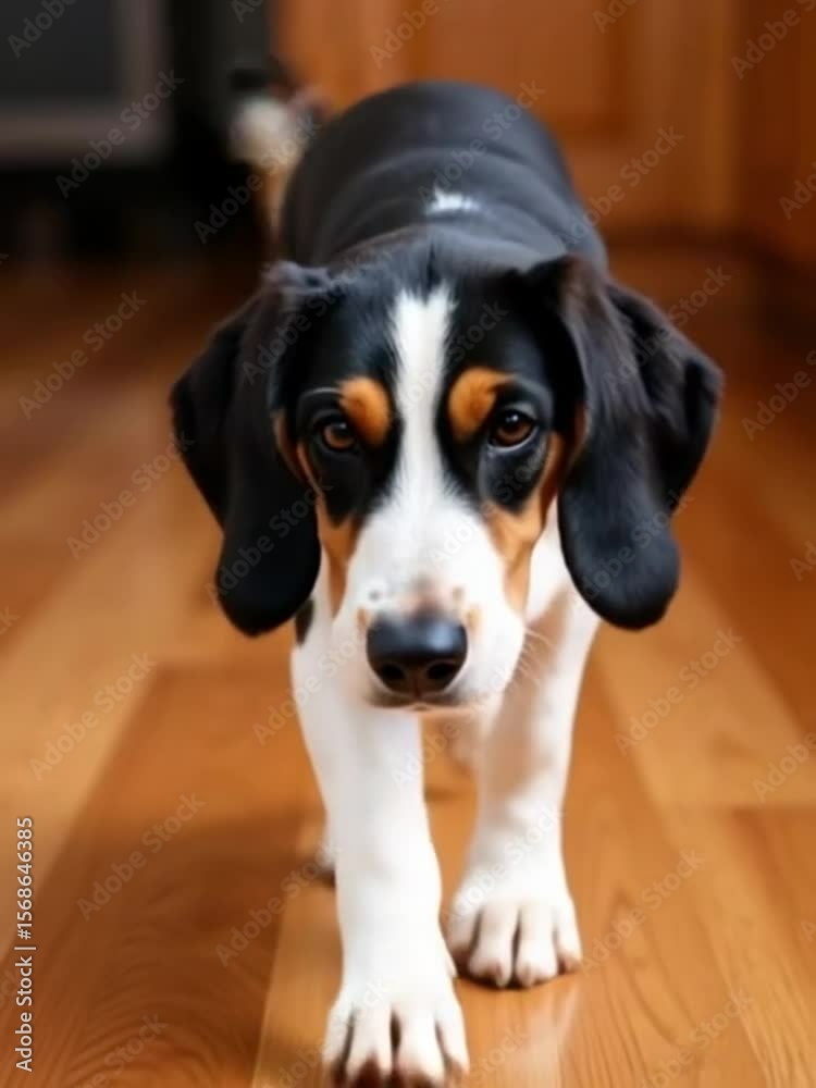 A Finnish hound dog walking directly towards the viewer on a polished wooden floor 4K video A Finnish hound dog walking directly towards the viewer on a polished wooden floor 4K video