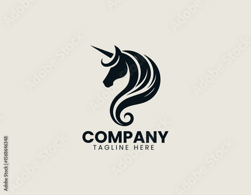 Elegant Unicorn Head Silhouette Mythical Magical Creature Vector Logo Design