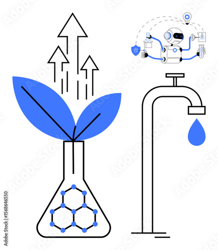 Plant growing in a chemical flask with molecular structure, AI robot analyzing data, and water faucet dripping. Ideal for innovation, sustainability, biotechnology, AI, water management, growth