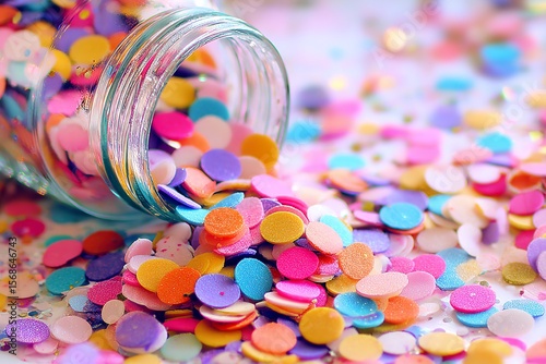 Colorful confetti spilling from a glass jar on a vibrant surface during a festive celebration